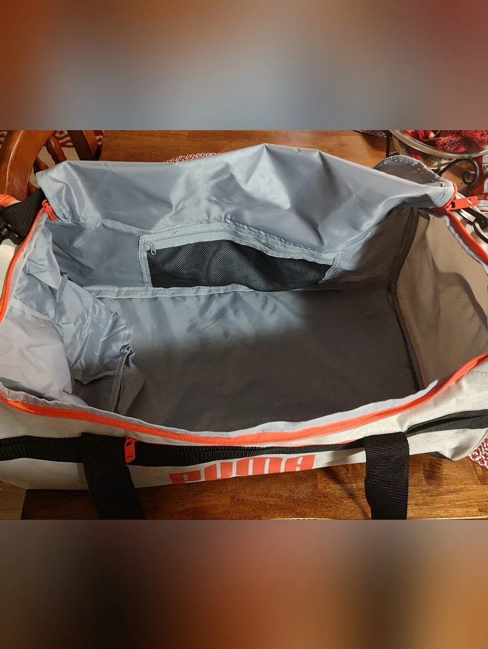 Puma Cream Duffel Bag with Pink Trim and Black Handles